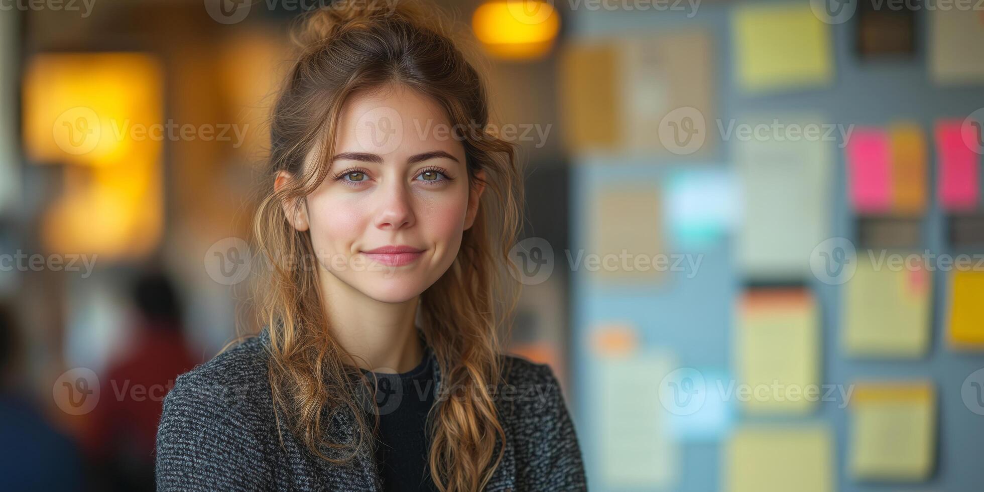 a woman leading a team discussion in a local cafe, reviewing notes and brainstorming ideas, with a bright and modern atmosphere and clear copy space on the right photo