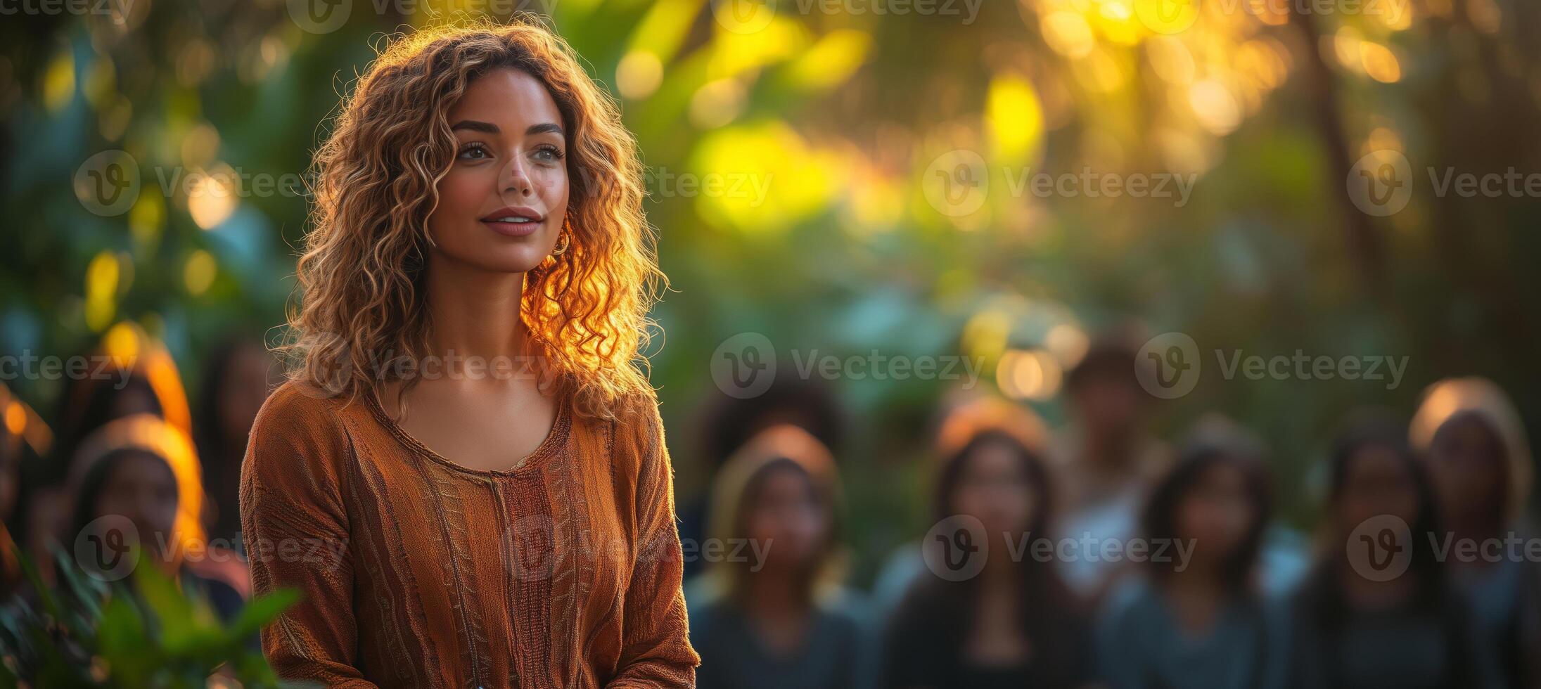 leading a community meeting outdoors, standing and speaking confidently to a diverse group seated in a circle photo