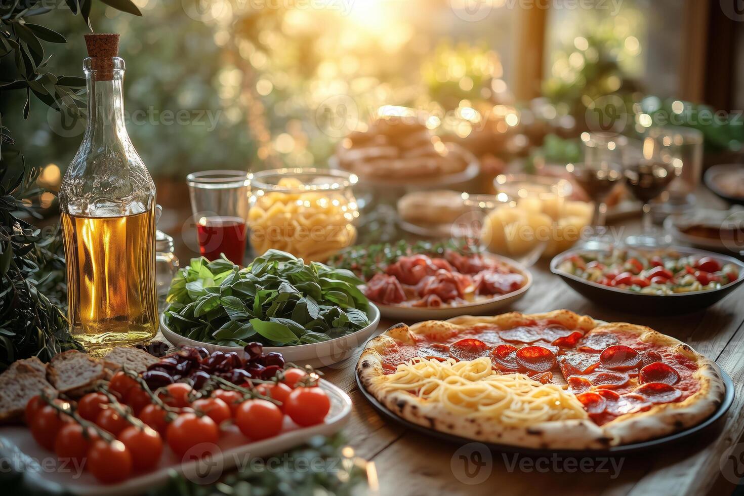 an Italian family-style dinner, with platters of pasta, freshly baked pizza, antipasti, and a bottle of olive oil, served on a long wooden table with warm daylight photo