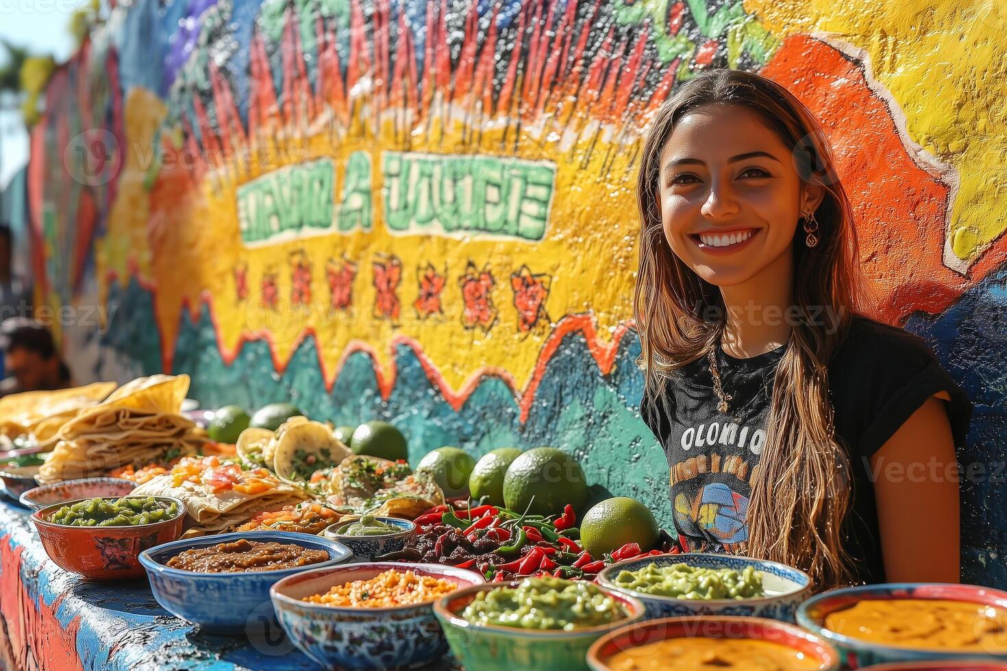a traditional Mexican meal, with tacos, tamales, guacamole, and mole sauce, arranged on vibrant ceramic plates, surrounded by limes and chili peppers, under bright natural light photo