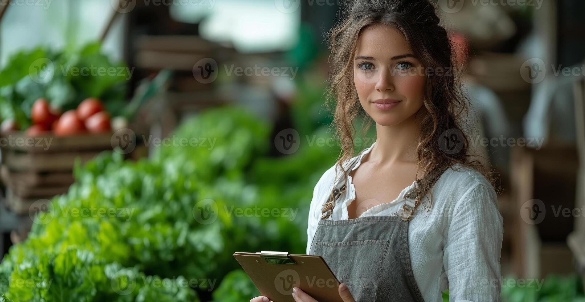 a woman standing confidently in the middle of a vegetable farm, holding a clipboard and giving instructions to workers, surrounded by lush greenery and farm tools, bright natural daylight photo