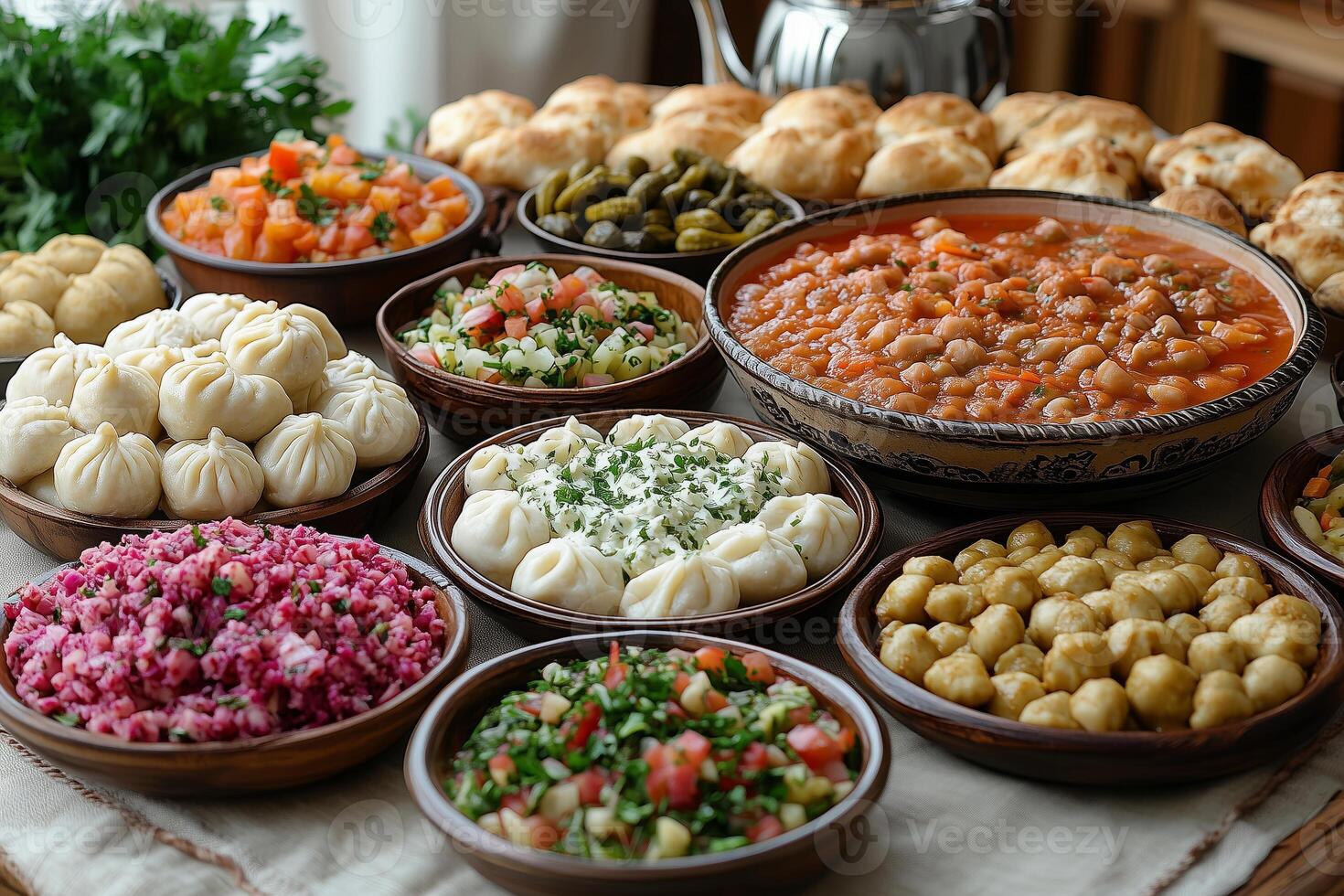 a Russian holiday table, featuring pelmeni, borscht, pickled vegetables, and freshly baked pirozhki, served on a linen tablecloth with samovar tea and warm natural light photo