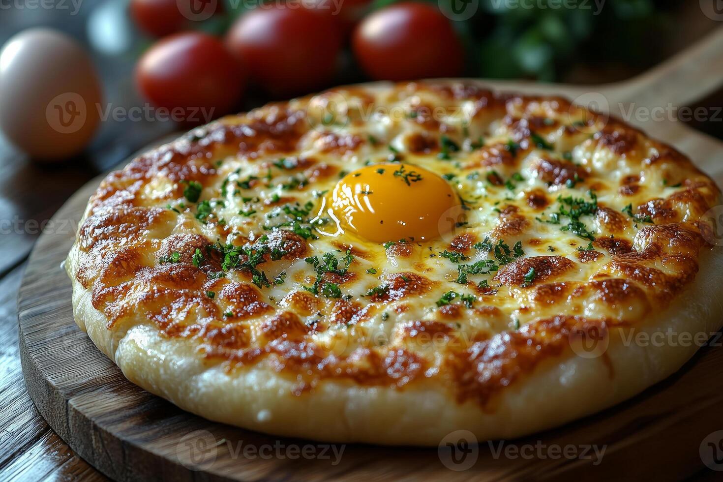 a serving of Georgian khachapuri, oozing with melted cheese and a perfectly cooked egg yolk in the center photo