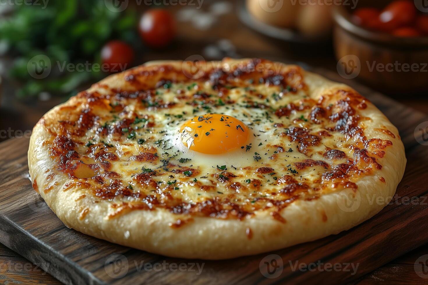 a serving of Georgian khachapuri, oozing with melted cheese and a perfectly cooked egg yolk in the center, presented on a wooden board with daylight highlighting the texture photo
