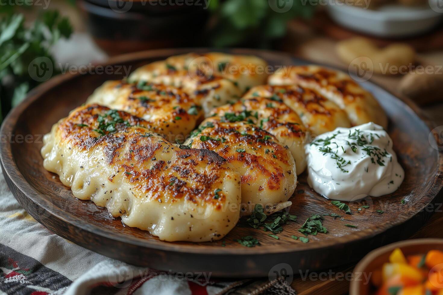 a traditional Eastern European table setting with freshly baked pierogi served on a rustic wooden plate photo