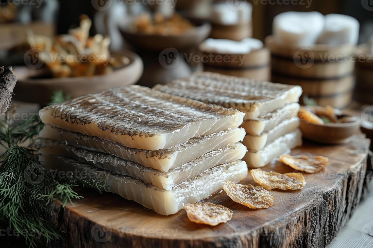 Greenlandic mattak, whale skin with blubber, arranged on a wooden plate photo
