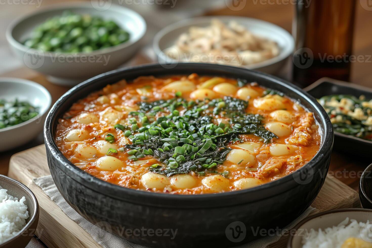 a traditional Korean meal with a central pot of bubbling kimchi jjigae, surrounded by small plates of banchan, rice, and a bottle of soju, with a clean and modern table setting photo