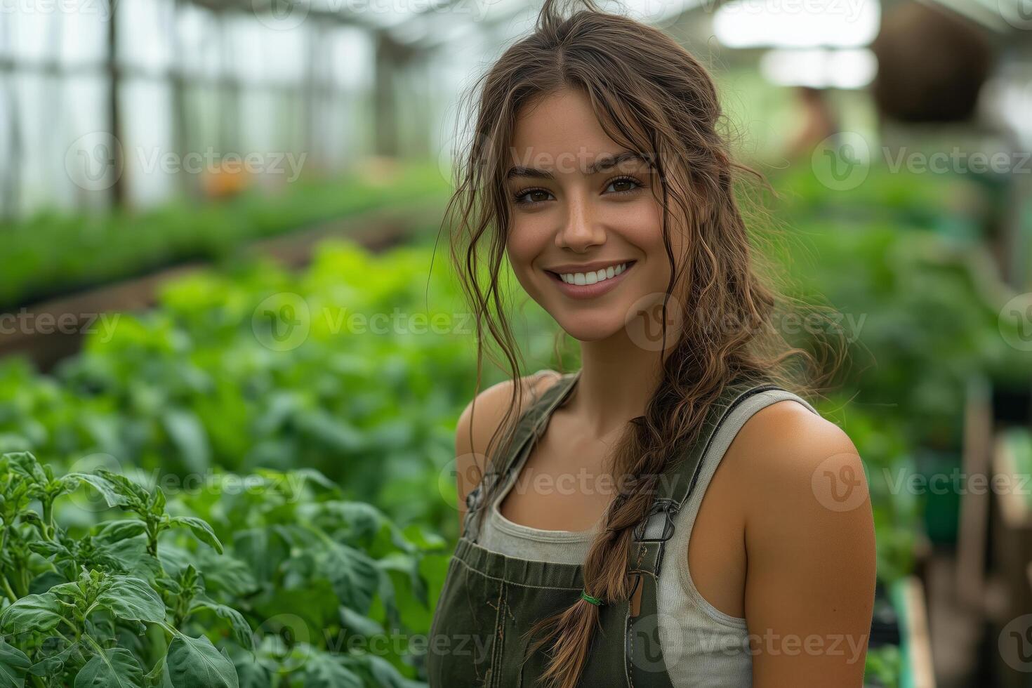 a woman supervising farmworkers in a greenhouse, explaining planting techniques, surrounded by rows of vibrant green plants and warm natural light streaming through the glass photo