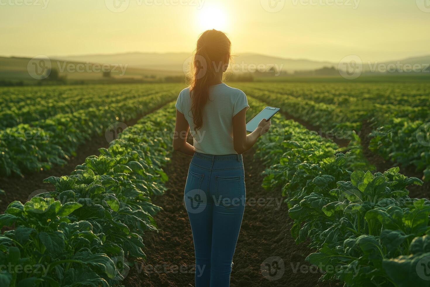 a female farmer standing confidently in the middle of a vegetable field, holding a clipboard and a smartphone, with rows of crops stretching into the distance under natural sunlight photo