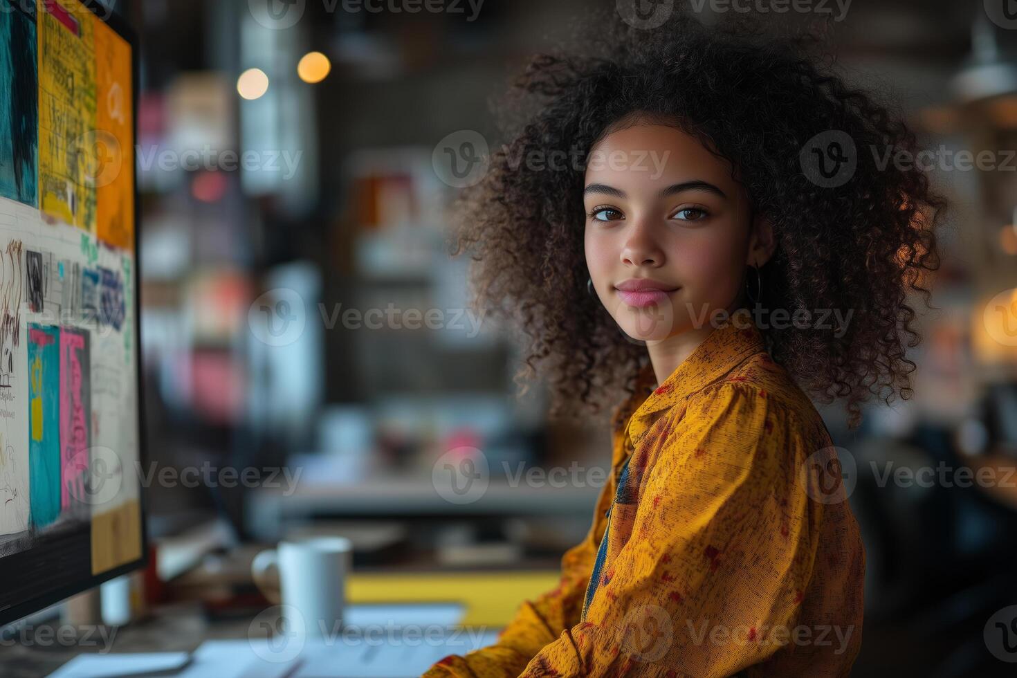 a teenage girl editing a poster design on a large screen, surrounded by coffee cups, pens, and vibrant design drafts, in a bright and modern workspace photo