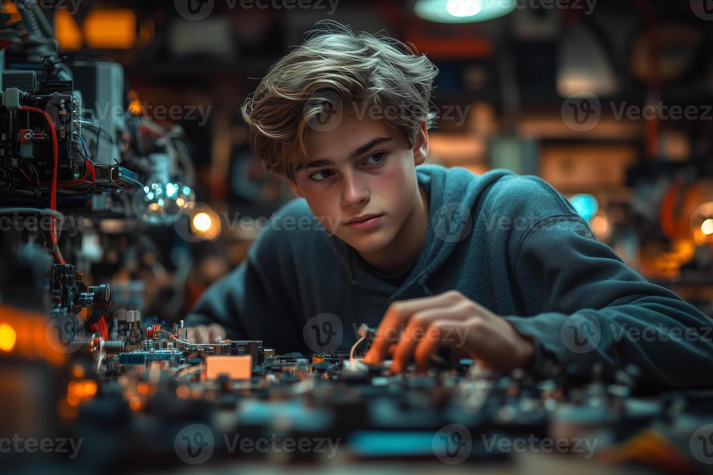 a teenage boy assembling a prototype of his invention in a workshop, surrounded by tools, electronics, and 3D-printed parts, focused expression and warm lighting photo
