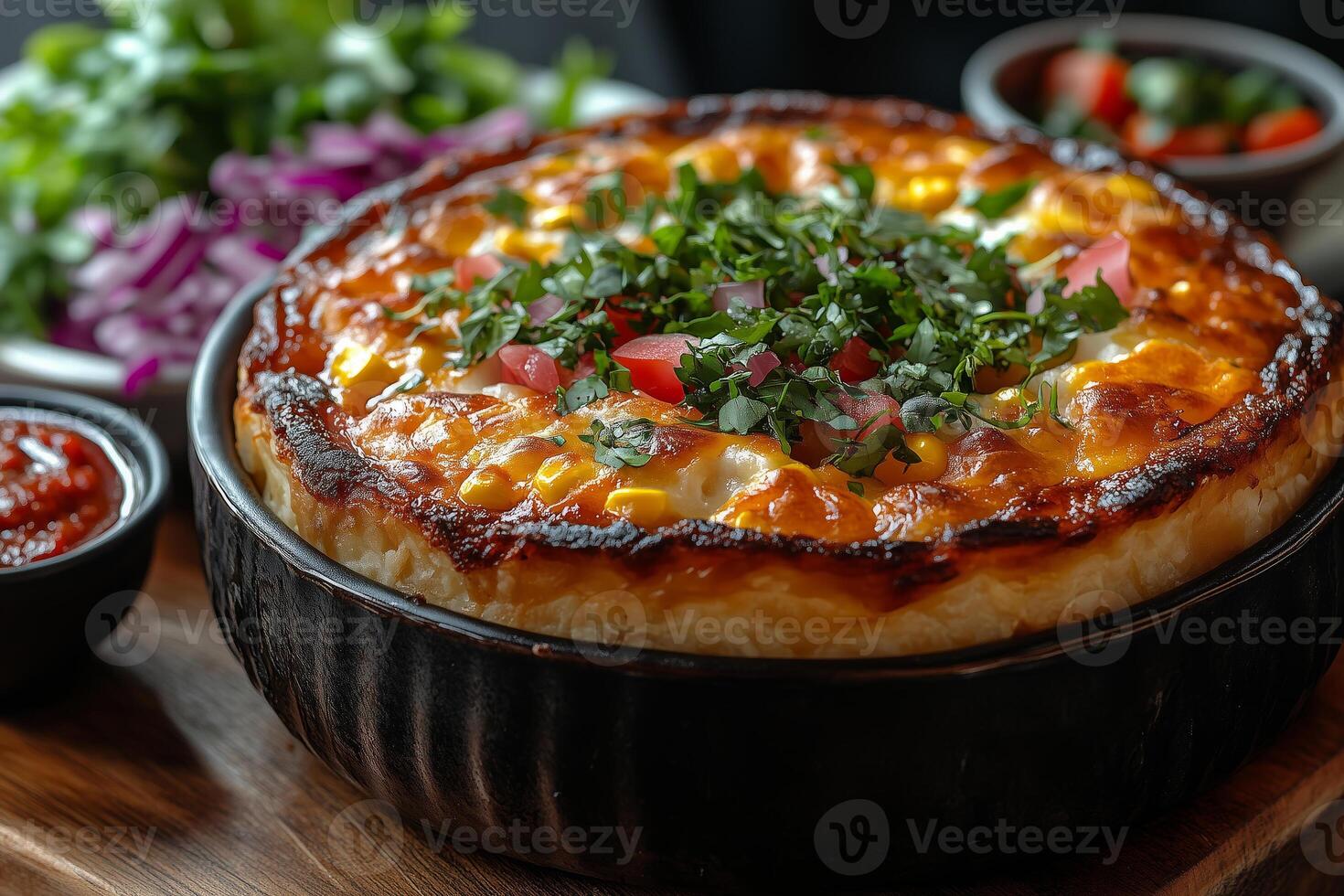 a Chilean pastel de choclo, corn pie, baked to a golden crust, served with a side of fresh salad and traditional chili sauce, in a warm kitchen setting photo