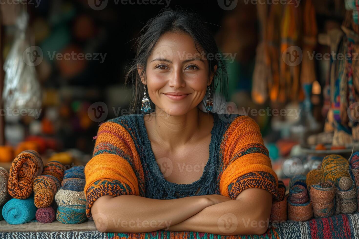 a female entrepreneur in a rural marketplace, showcasing locally made crafts to customers, standing proudly behind a stall filled with colorful products, with warm, natural lighting photo