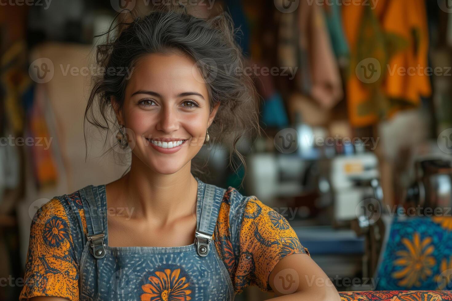 a female tailor in her small sewing workshop, smiling as she measures fabric on a table, with sewing machines, colorful textiles photo