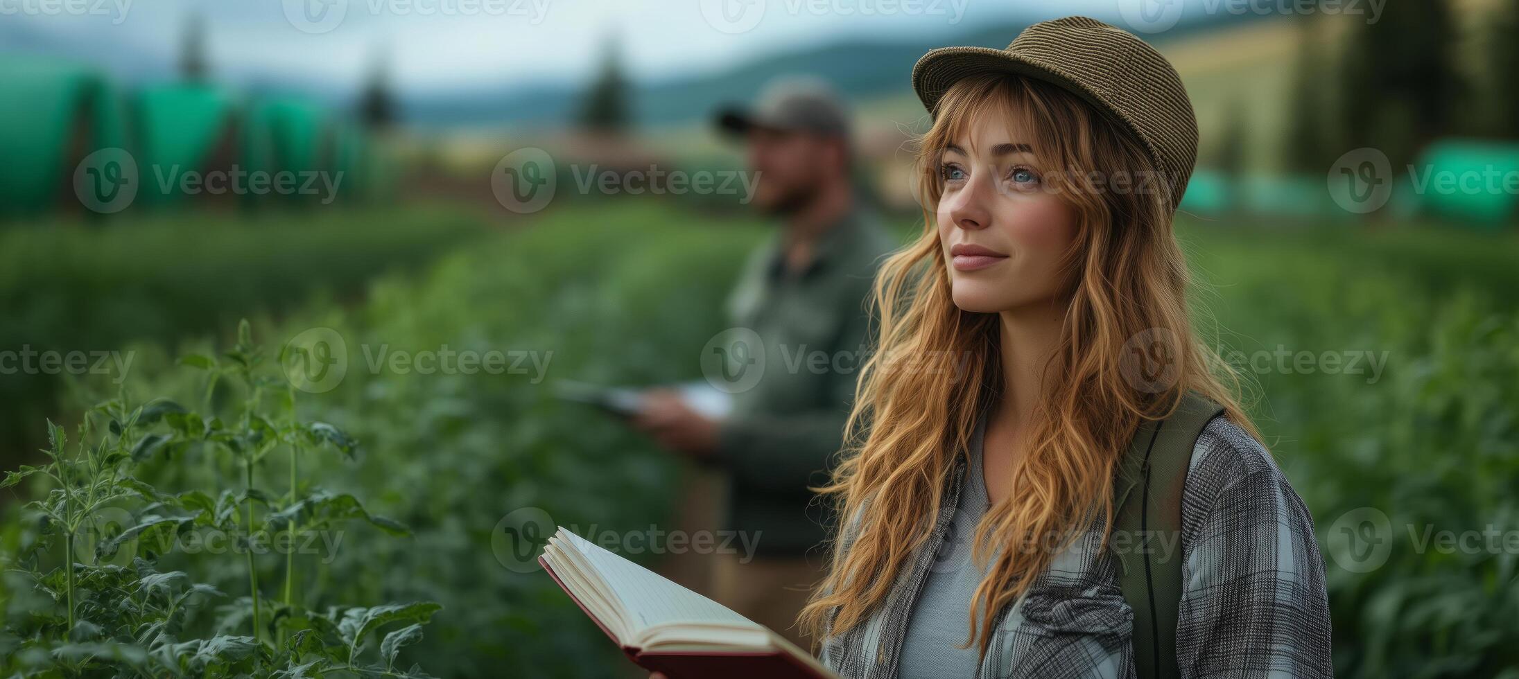 a woman inspecting crops alongside other farmers in a cooperative field, holding a notebook and discussing strategies, with rolling hills in the background photo