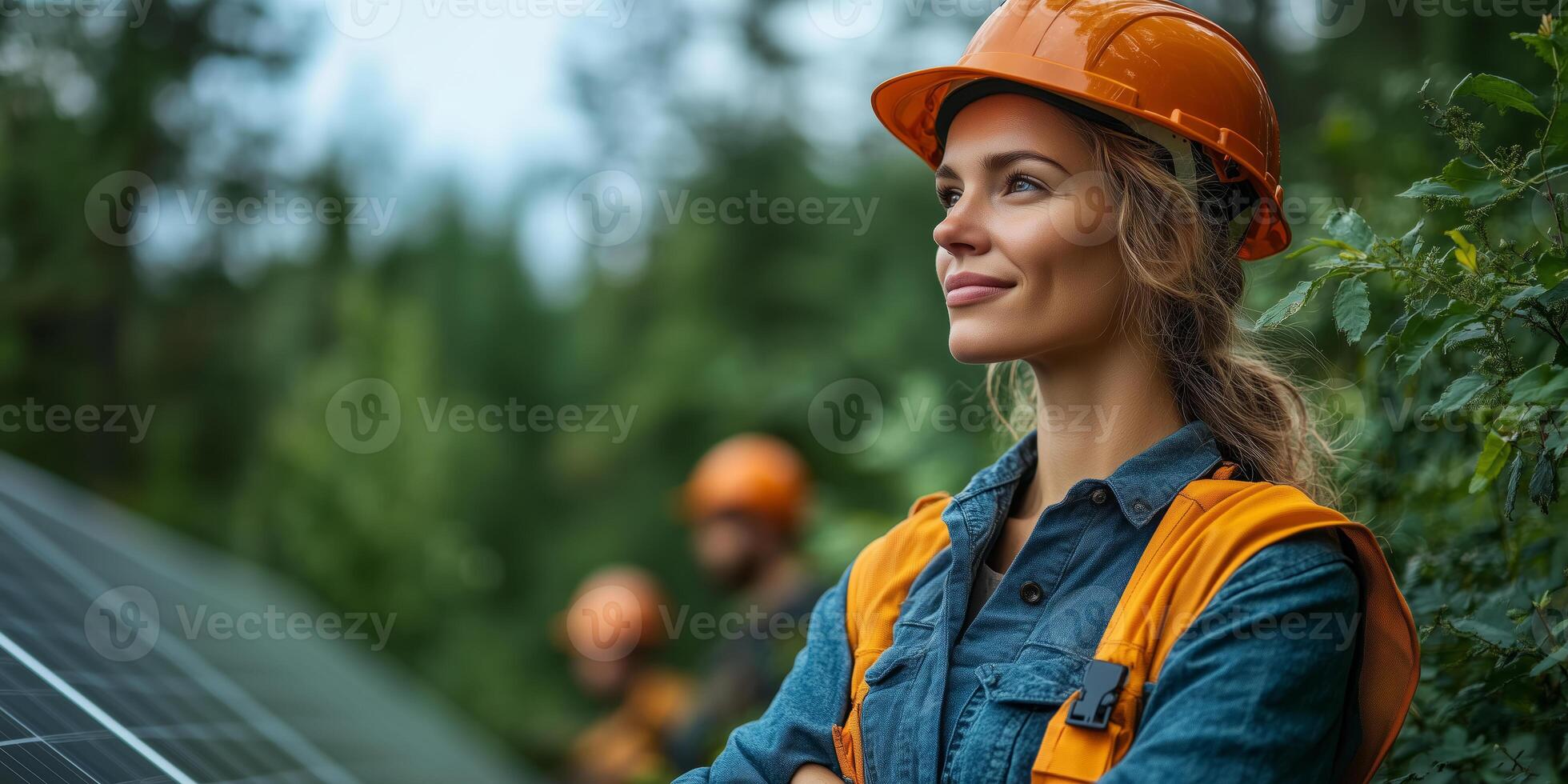 a female leader supervising a solar energy installation project for a cooperative, standing confidently beside solar panels with workers in the background photo