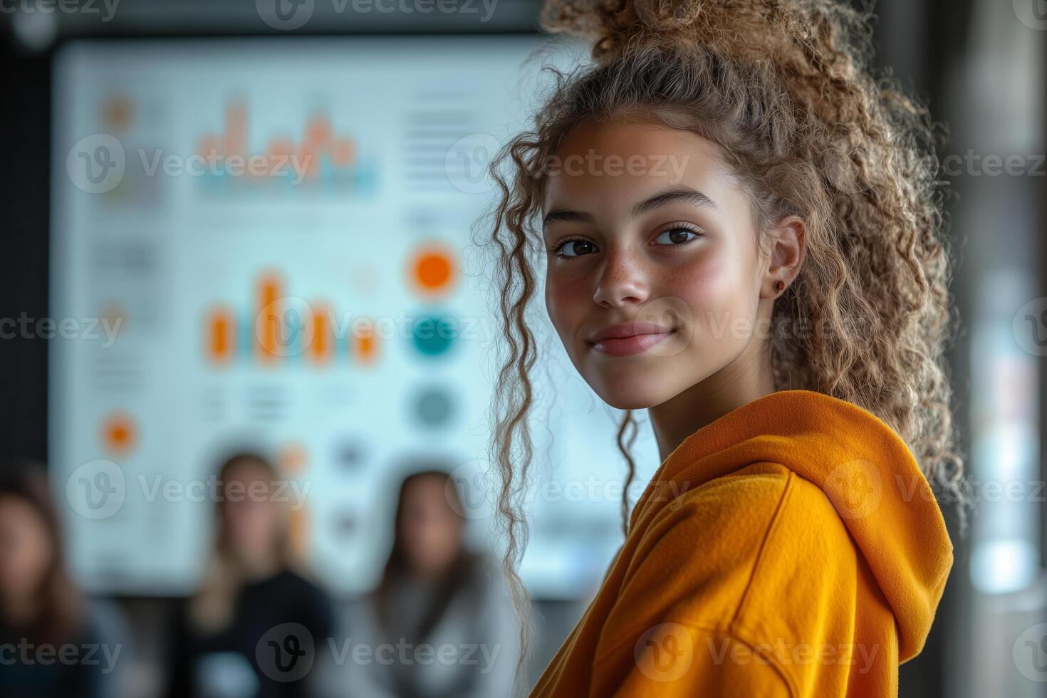 a group of teenage entrepreneurs pitching their startup idea, standing in front of a presentation screen with graphs and visuals, excited expressions and bright natural lighting photo