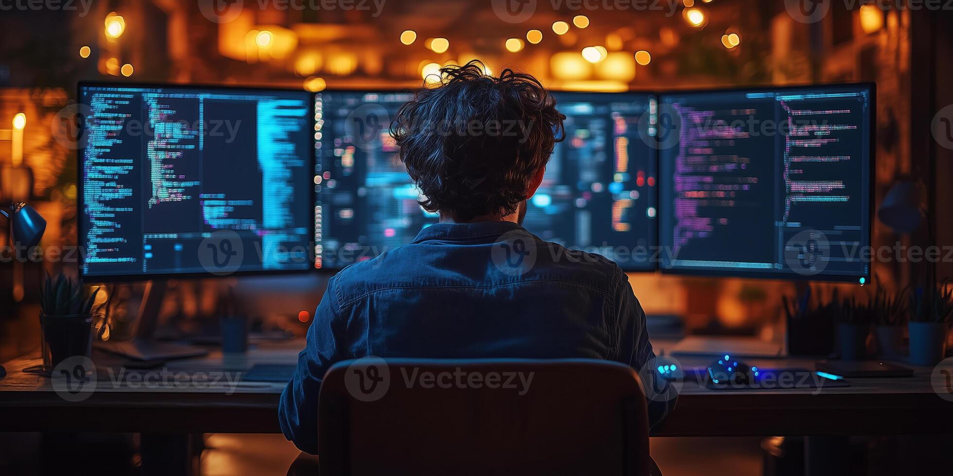 a teenage coder working on a project, sitting in a cozy workspace with multiple monitors displaying code, glowing digital graphics, and a clear area on the right for text photo