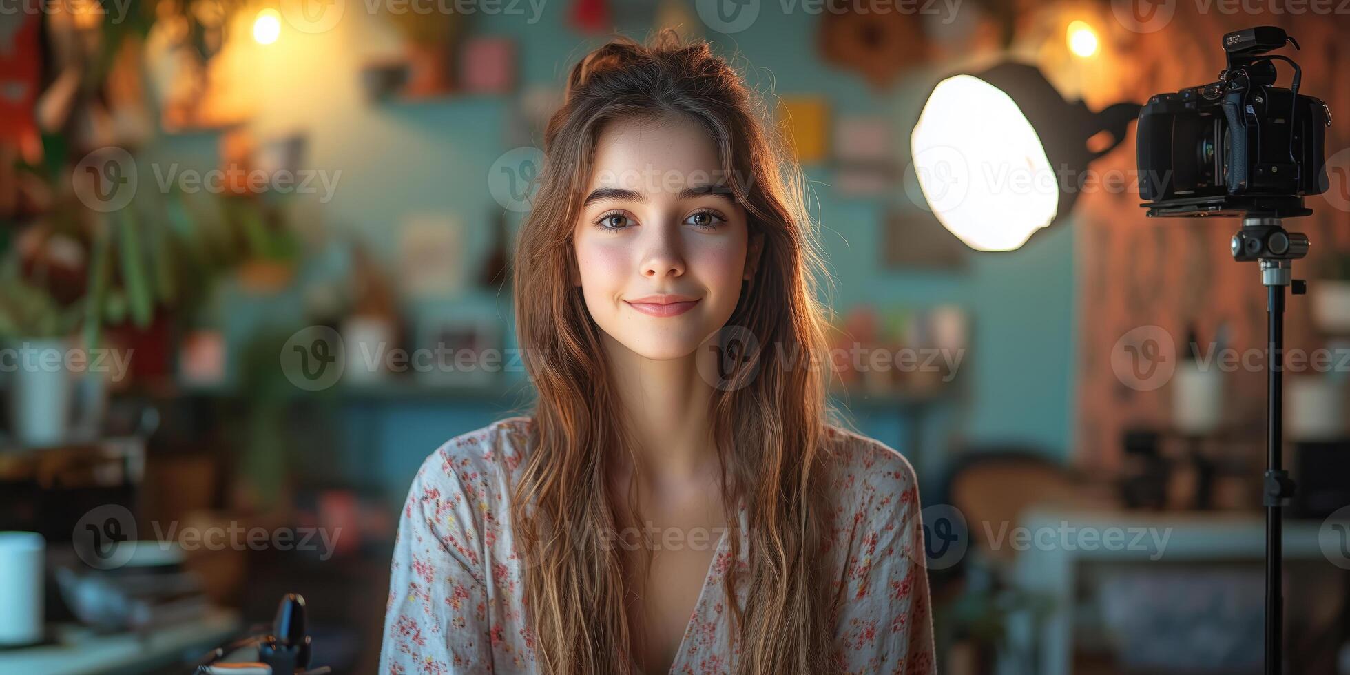 a teenage content creator filming a vlog in a well-lit room, using a camera and ring light, surrounded by props and creative decor, with space on the right for text photo