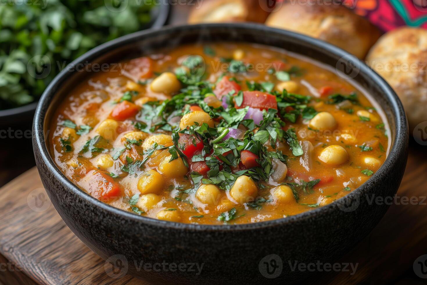 a steaming bowl of West African peanut soup, groundnut stew, served with fresh bread rolls and a side of vegetables photo
