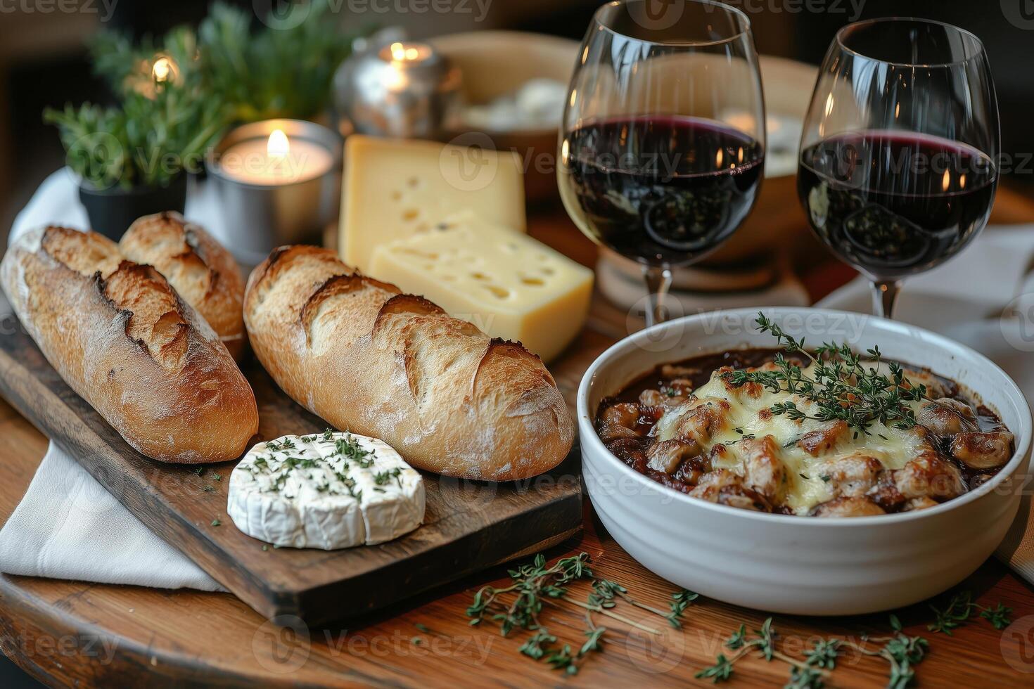 a French farmhouse dinner, featuring a rustic baguette, cheese board, coq au vin and red wine photo