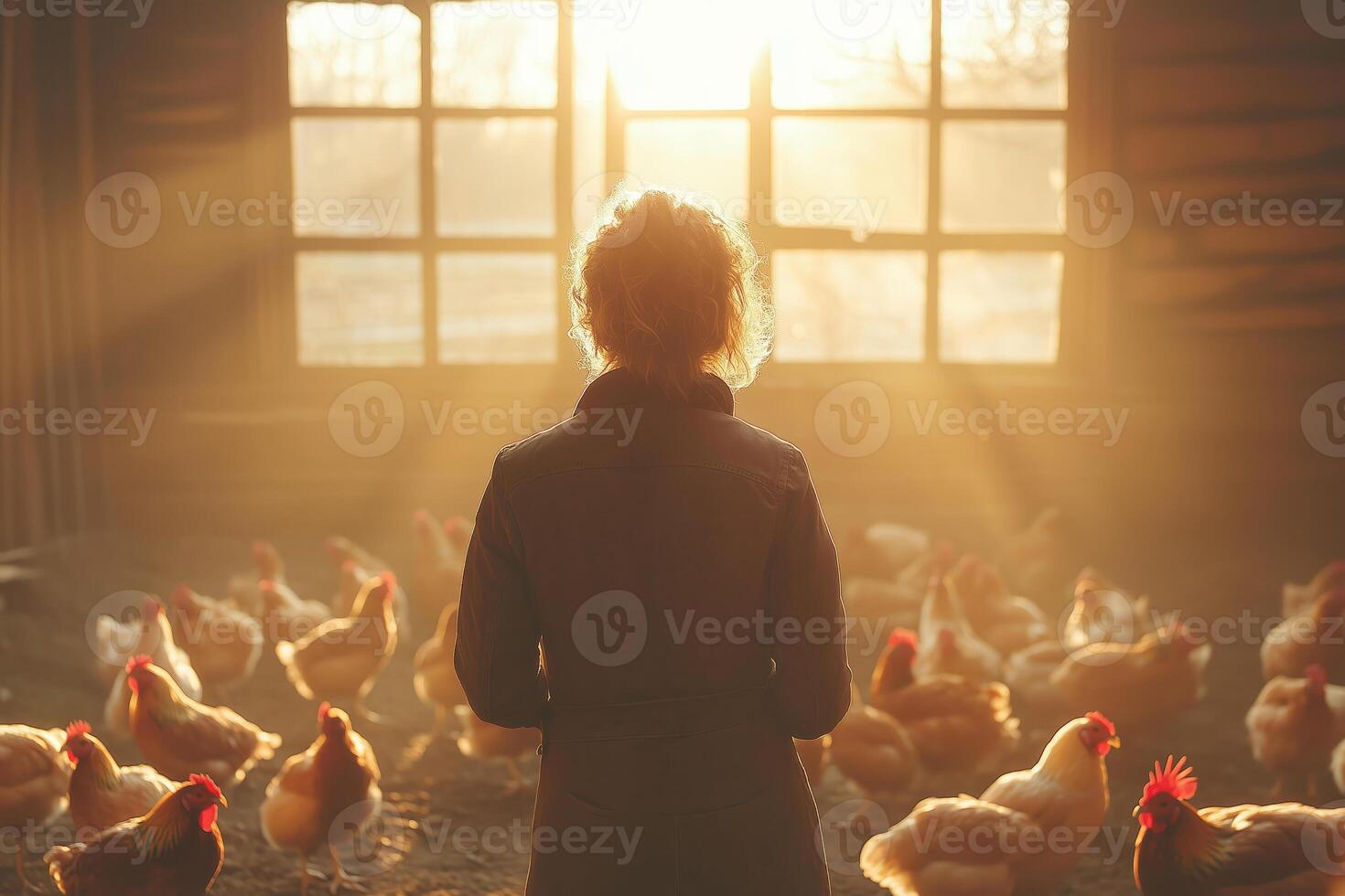 a female poultry farmer walking through a chicken coop, inspecting free-range chickens, with sunlight streaming through windows and natural materials creating a rustic ambiance photo