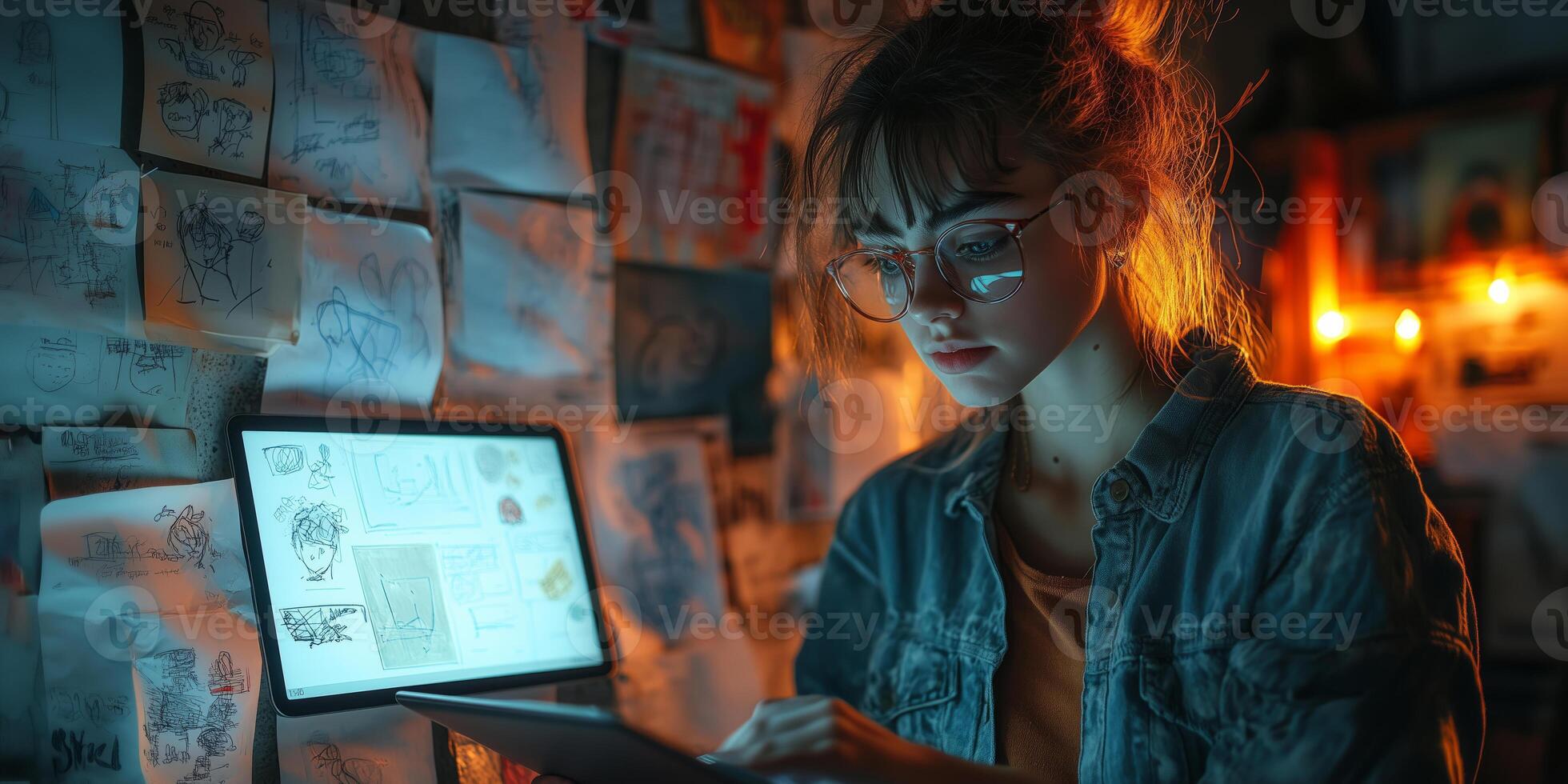 a teen animator creating digital illustrations on a tablet, with sketches pinned on the walls, glowing screens, and space on the right for promotional details photo