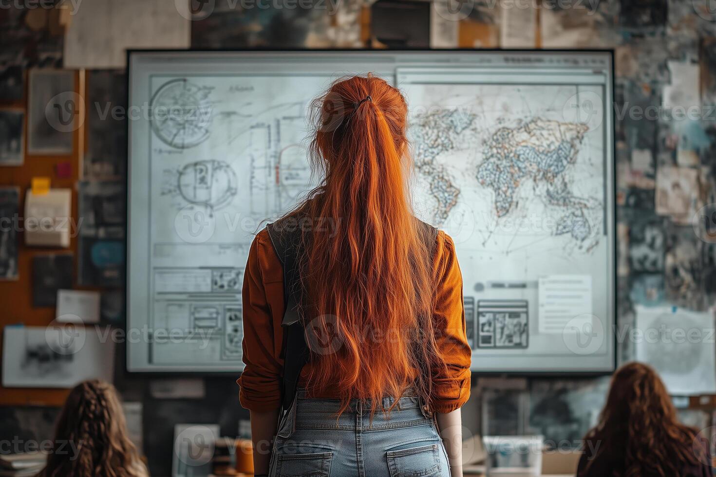 a teen presenting their design project to peers, standing confidently in front of a large screen displaying mockups and graphics, with soft sunlight filling the room photo