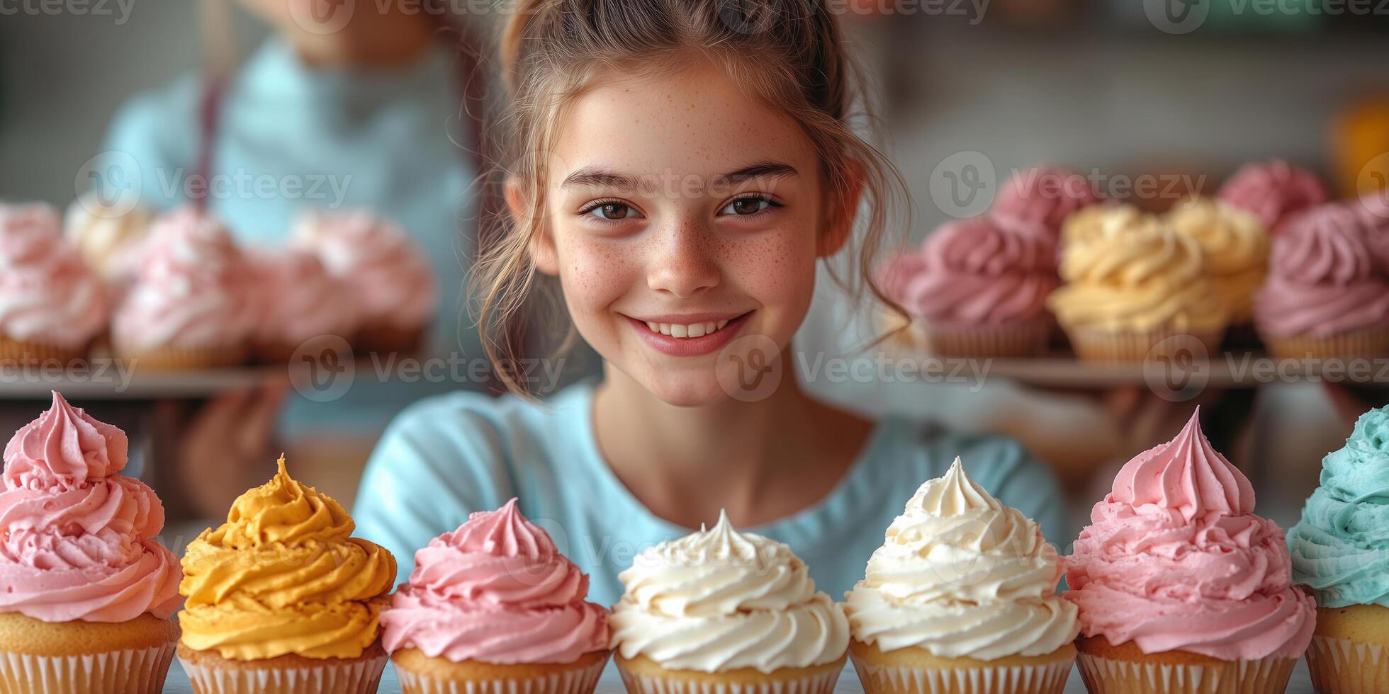 a teen baker arranging cupcakes on a table, preparing for an online order, surrounded by colorful frosting and baking tools photo