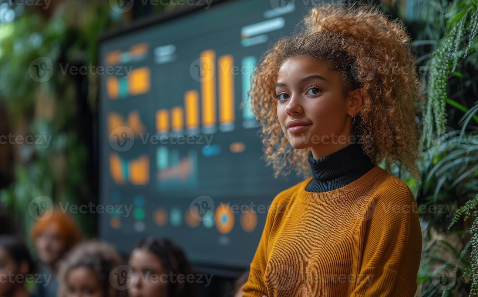 a group of teenage entrepreneurs pitching their startup idea, standing in front of a presentation screen with graphs and visuals photo
