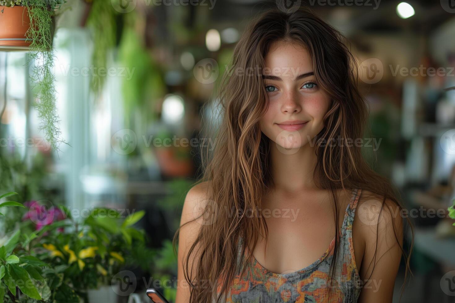 a teen social media influencer creating content on a phone, surrounded by trendy props and decor, with natural light adding to the professional yet casual atmosphere photo