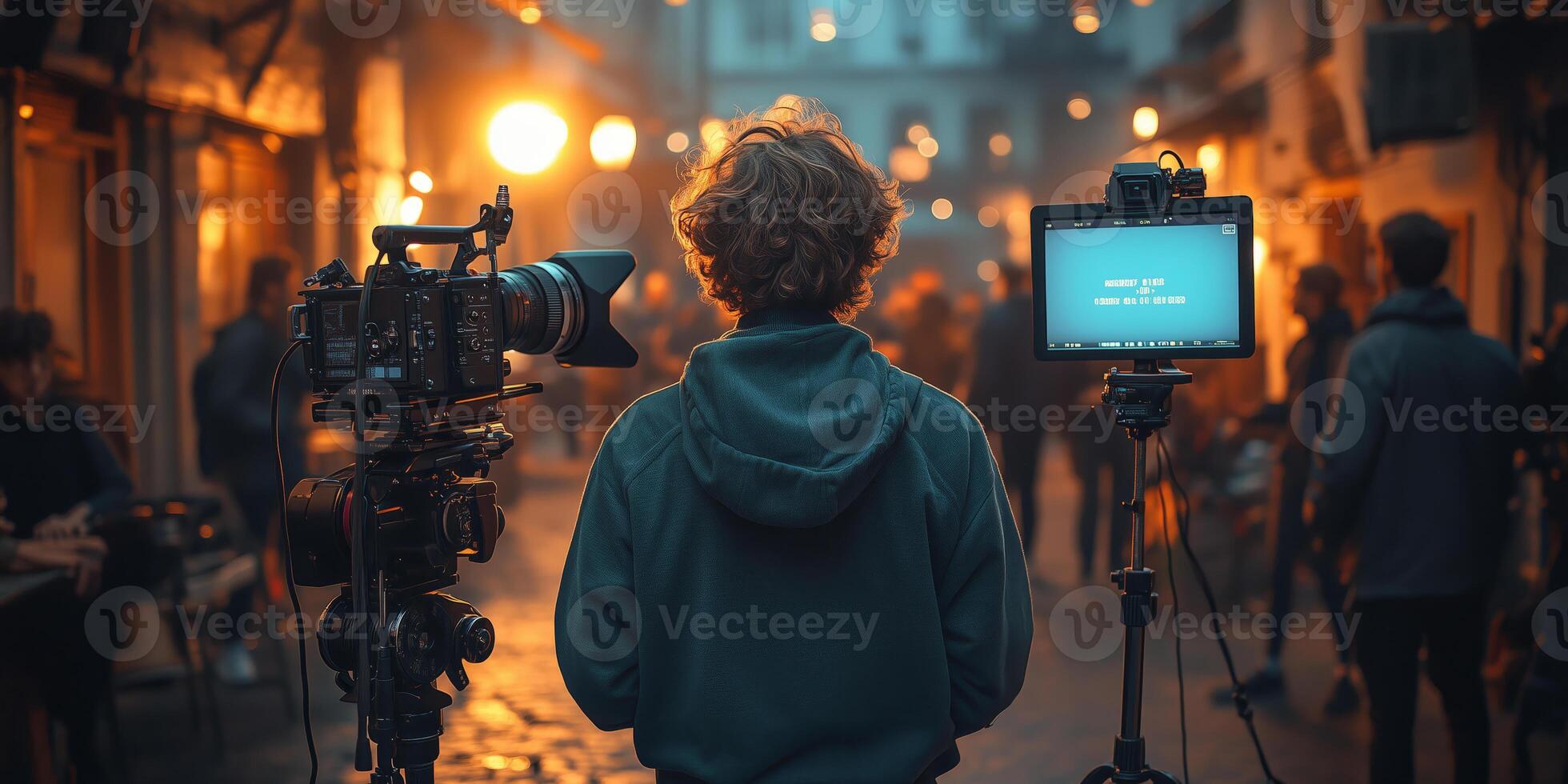 a teenage filmmaker directing a scene with a camera and lighting equipment, surrounded by a small crew in a creative workspace, with open space on the right for branding photo