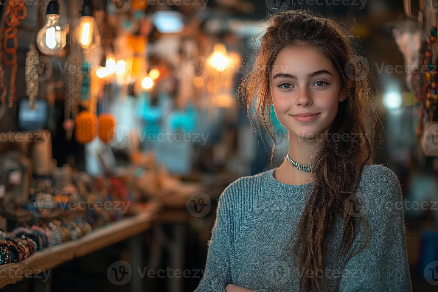 a teenage entrepreneur editing photos for her online handmade jewelry shop, using a lightbox and a camera, surrounded by tools and colorful beads in a creative studio