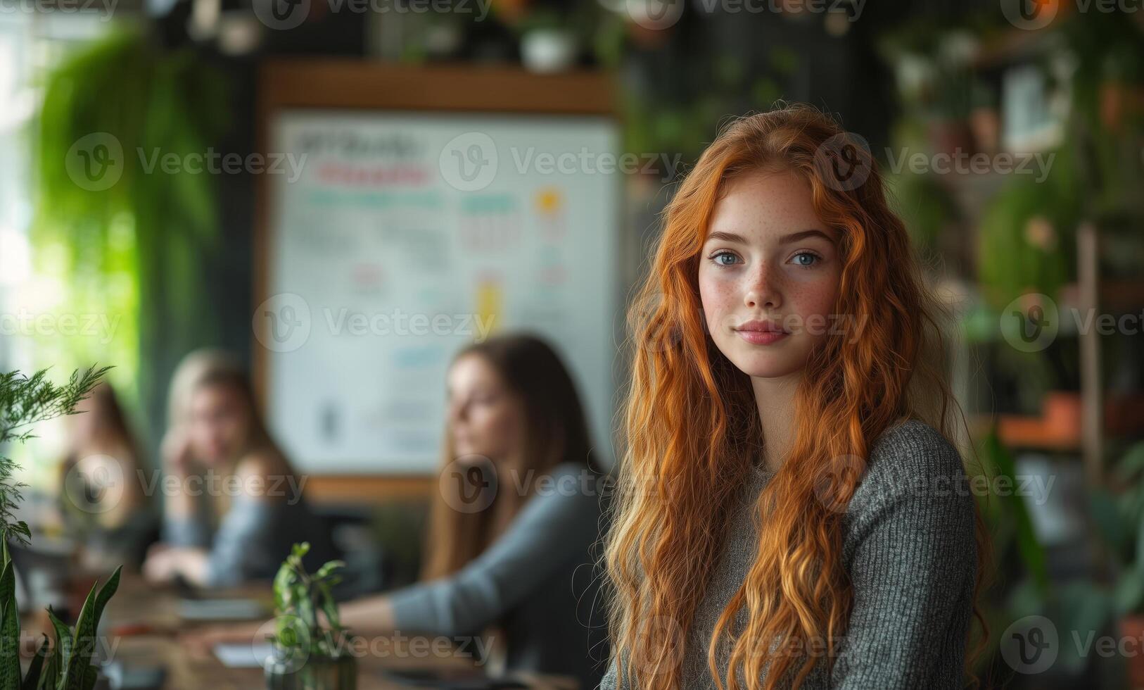 a teenage girl leading a startup meeting, presenting a plan on a whiteboard to her peers, who are taking notes and discussing ideas photo
