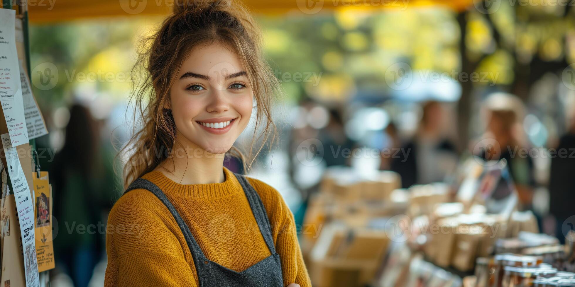 a woman hosting a small community fair, standing at a booth surrounded by handmade goods and informational flyers, with bright colors and space on the right for text photo