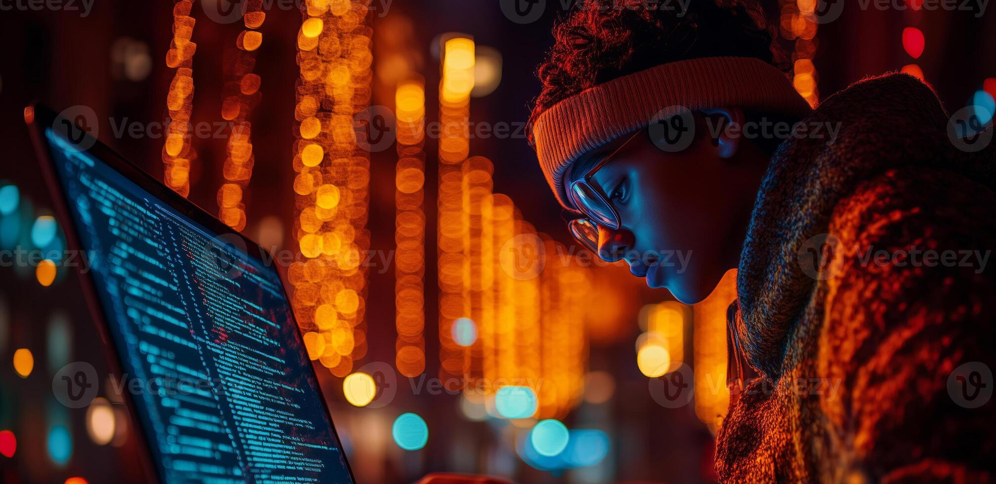 a teenage coder working on a website for their startup, typing on a laptop with notes and wireframes scattered on the desk, and glowing screens in the background photo