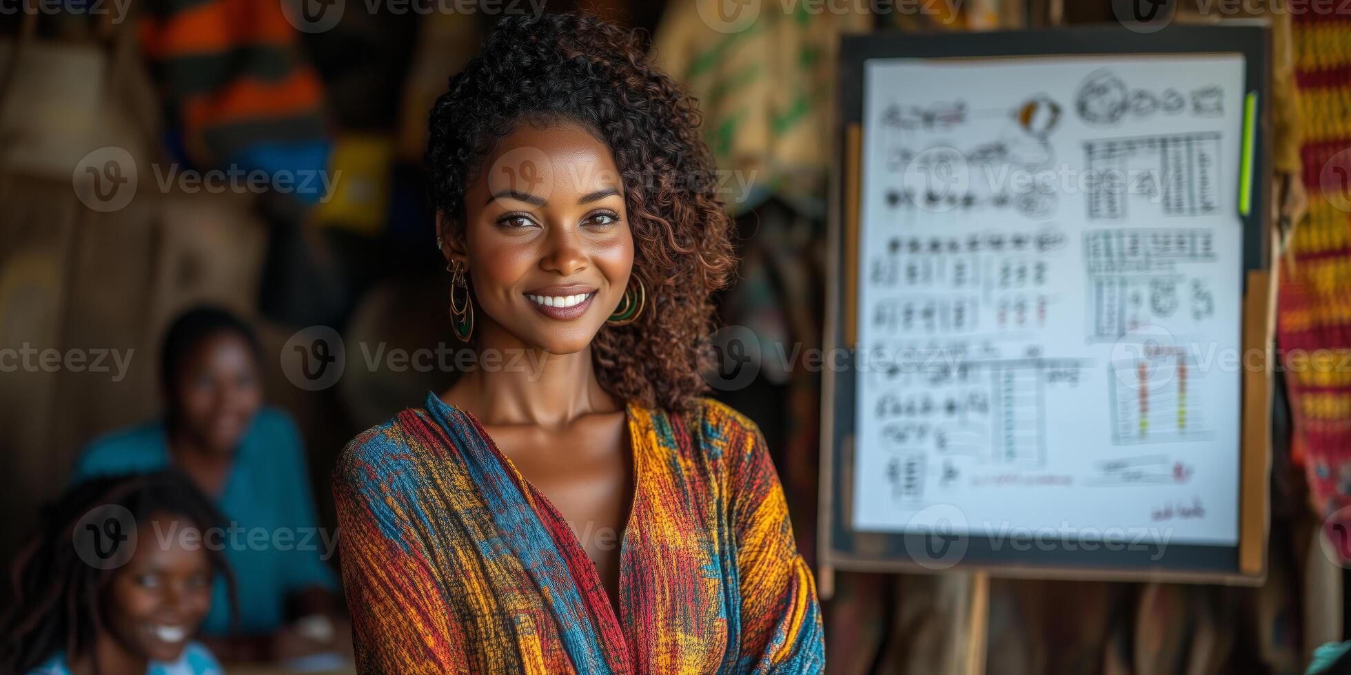 a woman confidently leading a meeting in a community center photo