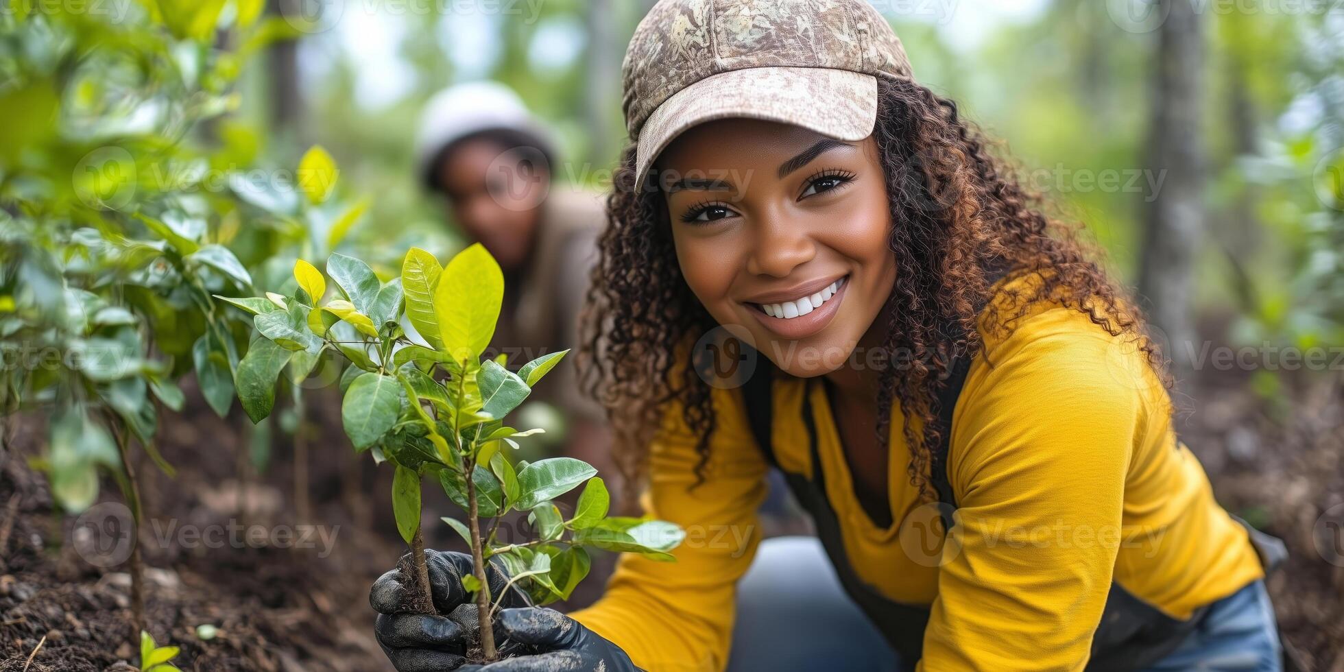 a woman leading a tree-planting initiative in a rural area, showing a group of volunteers where to plant saplings, with a natural environment and clear copy space on the right photo