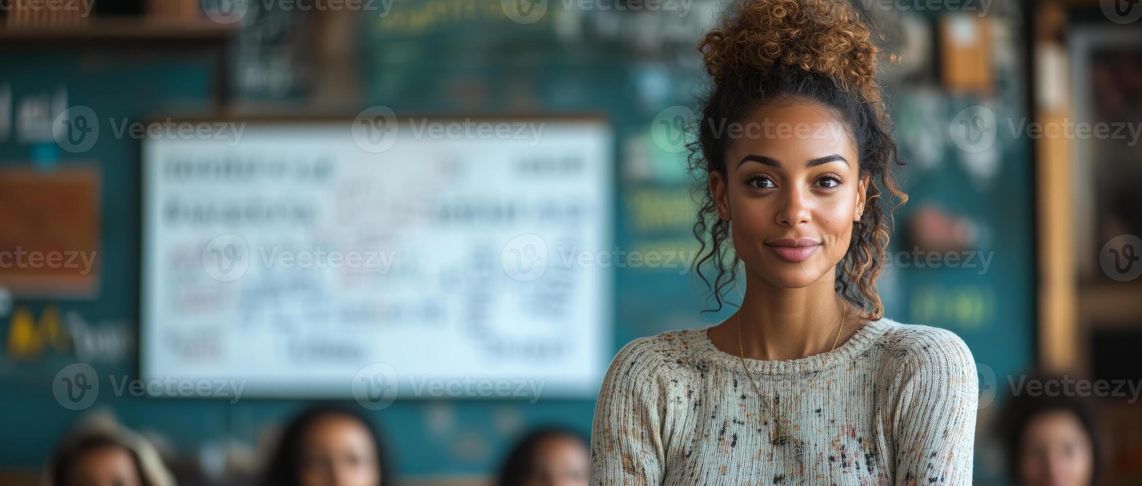 A strong woman stands in a community hall, presenting a plan with confidence and authority photo