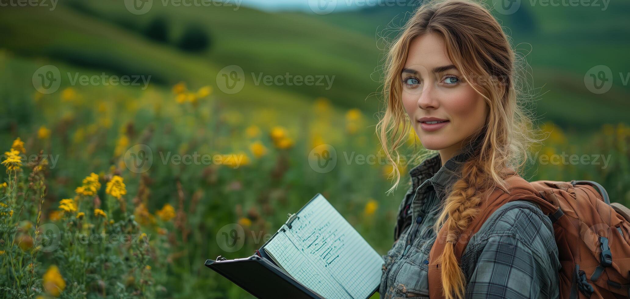 a woman inspecting crops alongside other farmers in a cooperative field, holding a notebook and discussing strategies photo