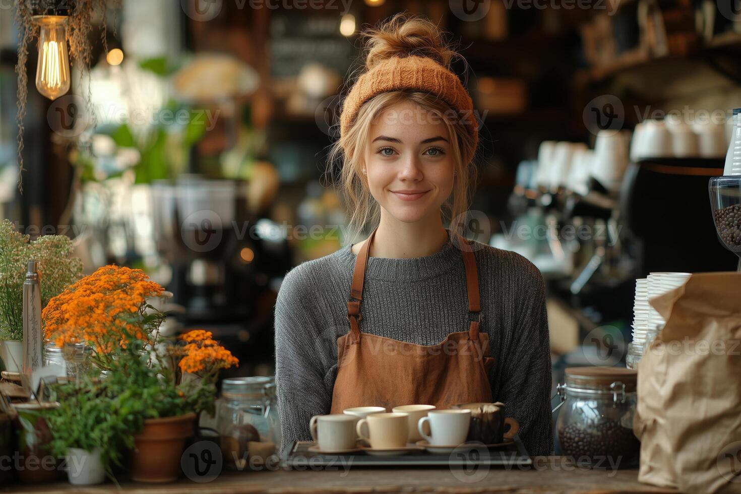 a woman managing a small coffee shop in a rural community, standing behind the counter with a tray of coffee cups, surrounded by rustic decor photo