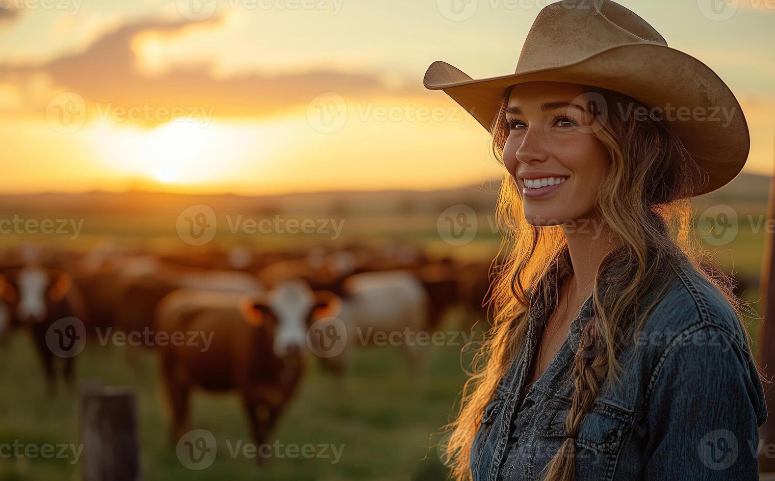 a female rancher standing near a herd of cattle, holding a notebook and talking to a farmhand photo