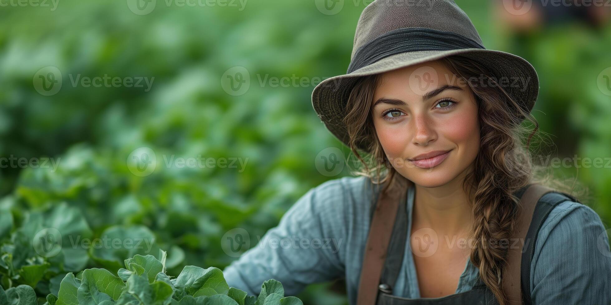 farmer supervising a sustainable agricultural project, surrounded by other workers planting crops, with open fields and space on the right for branding photo