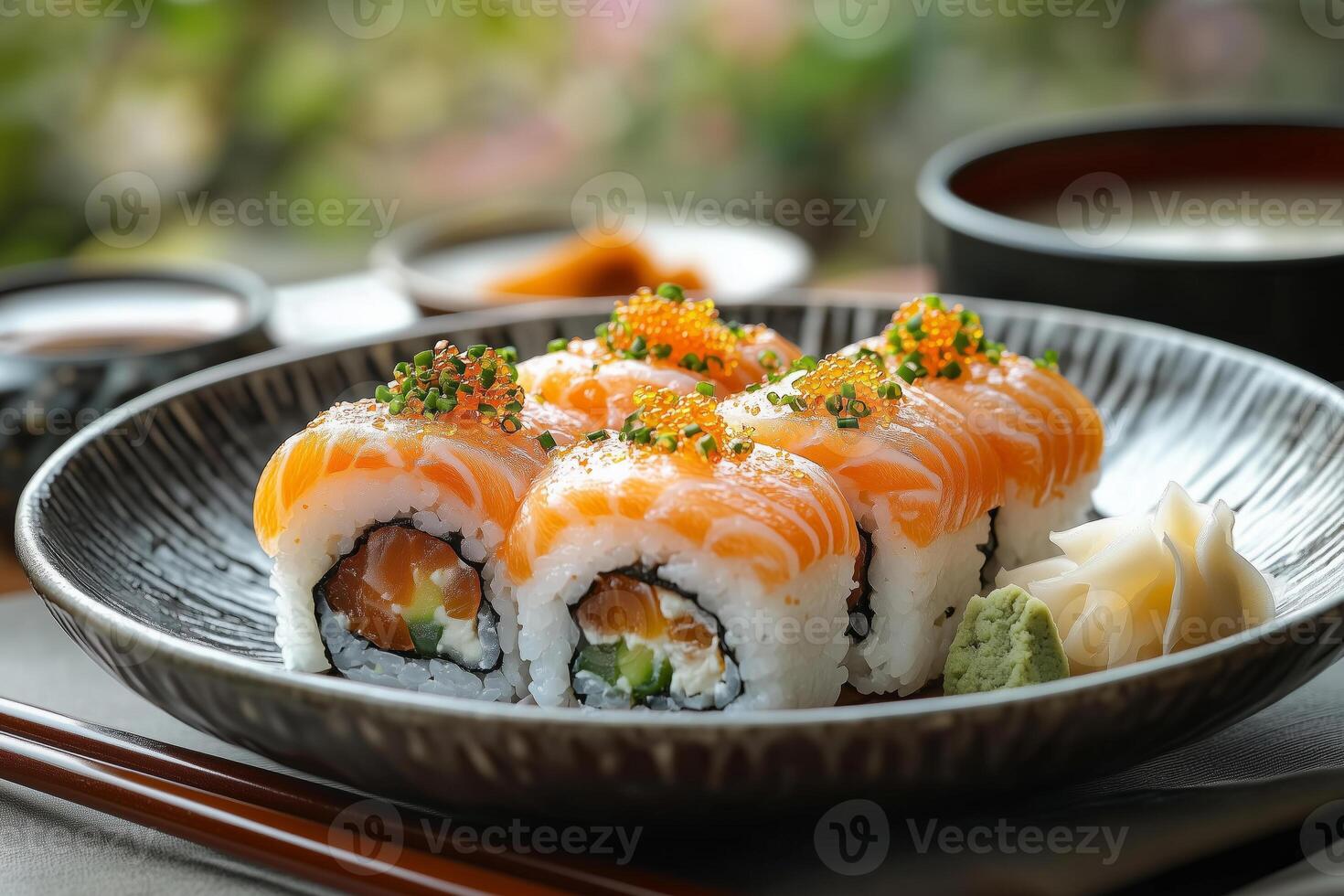 a Japanese kaiseki meal, featuring small, elegantly arranged dishes of sushi, tempura, and miso soup, served on lacquerware with chopsticks and sake cups, under soft ambient lighting photo