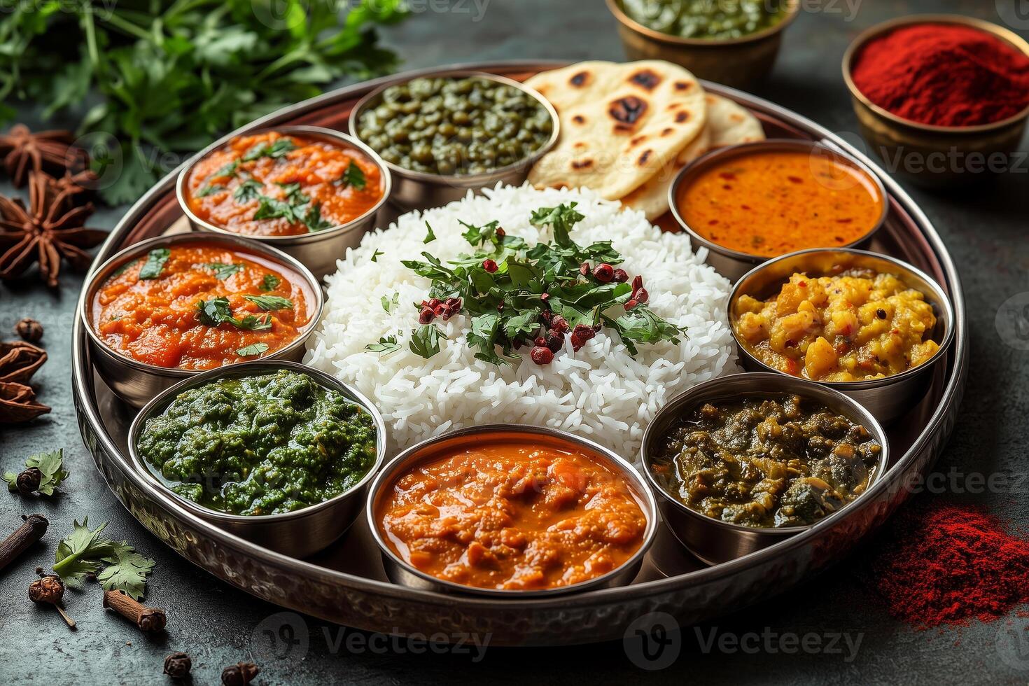 an Indian thali, with a variety of colorful curries, dal, rice, roti, and pickles, served on a traditional metal platter, surrounded by spices and herbs, warm natural light illuminating the table photo
