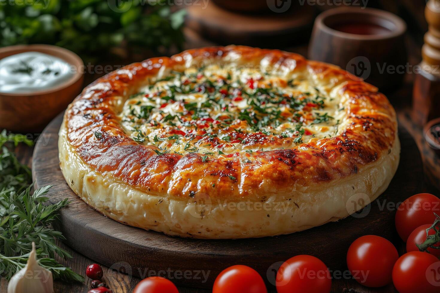 a platter of Bulgarian banitsa, golden and flaky, surrounded by yogurt and fresh herbs, set on a rustic table with bright, inviting light photo