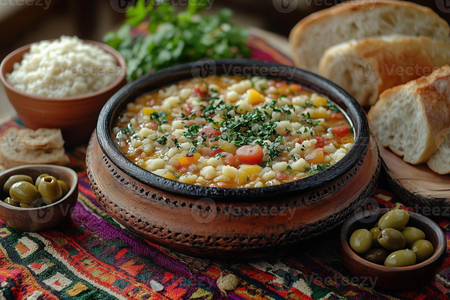 a Moroccan tagine served in its clay pot, accompanied by couscous, bread, and small bowls of olives and harissa, placed on a vibrant woven tablecloth with natural light photo