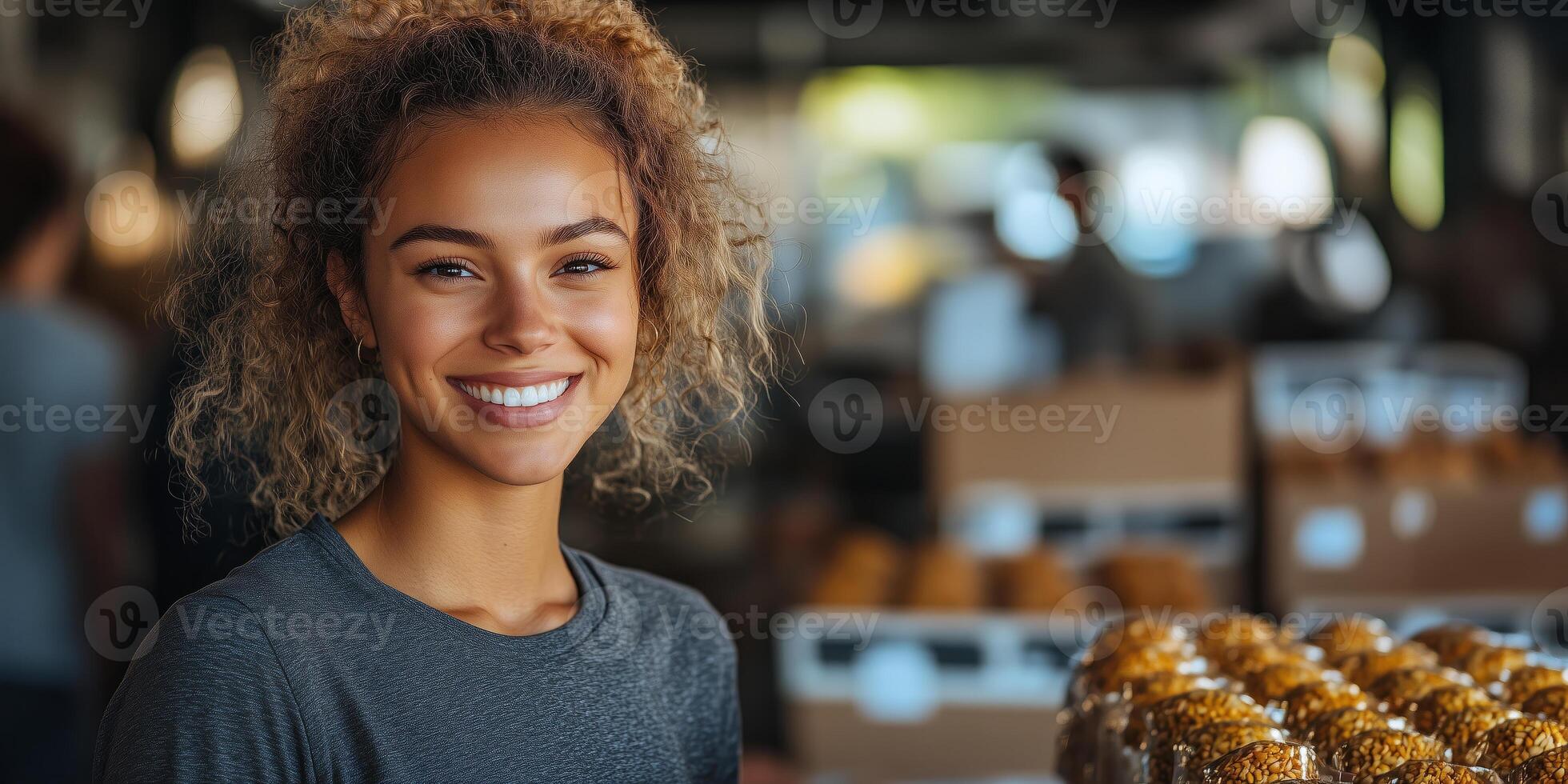 a female leader organizing a food drive, standing beside tables filled with donations, smiling while coordinating with other volunteers photo