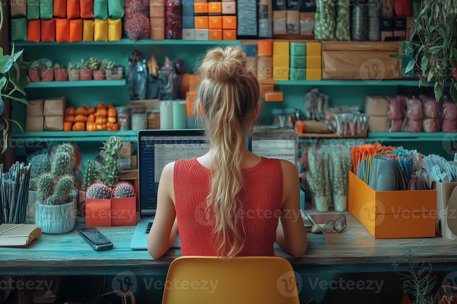 a teenage girl managing her online store, packaging items in colorful boxes, with a laptop open to her e-commerce dashboard, in a bright and organized workspace photo