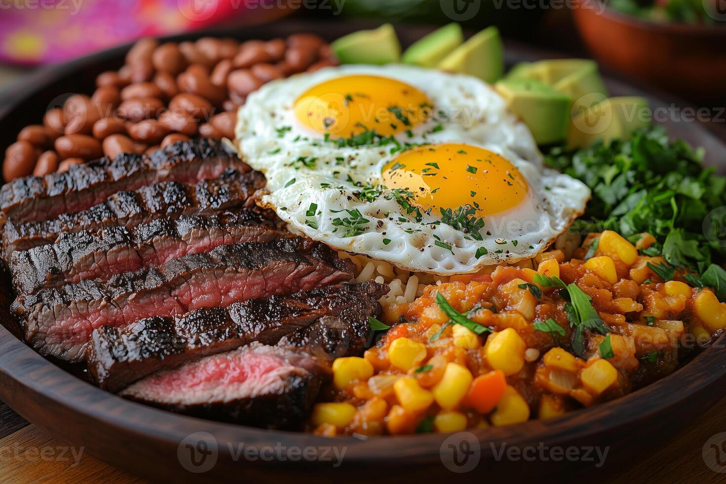 Colombian bandeja paisa, featuring grilled steak, fried eggs, chorizo, avocado, rice, and beans, presented on a wooden platter with vibrant fabrics in the background, soft daylight photo